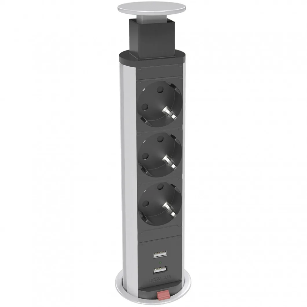 Steckdosen Für Den Schreibtisch | Zubehör^DPJ Workspace Einbausteckdose Axessline PopUp - 3 Steckdosen, 2 USB-A, Ø 60 mm, Silber